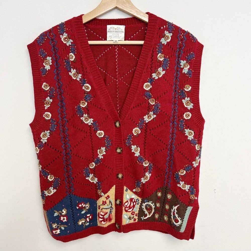 Susan Bristol Hand Embroidered Granny Grandmacore Sweater Vest Vintage 1995 M
